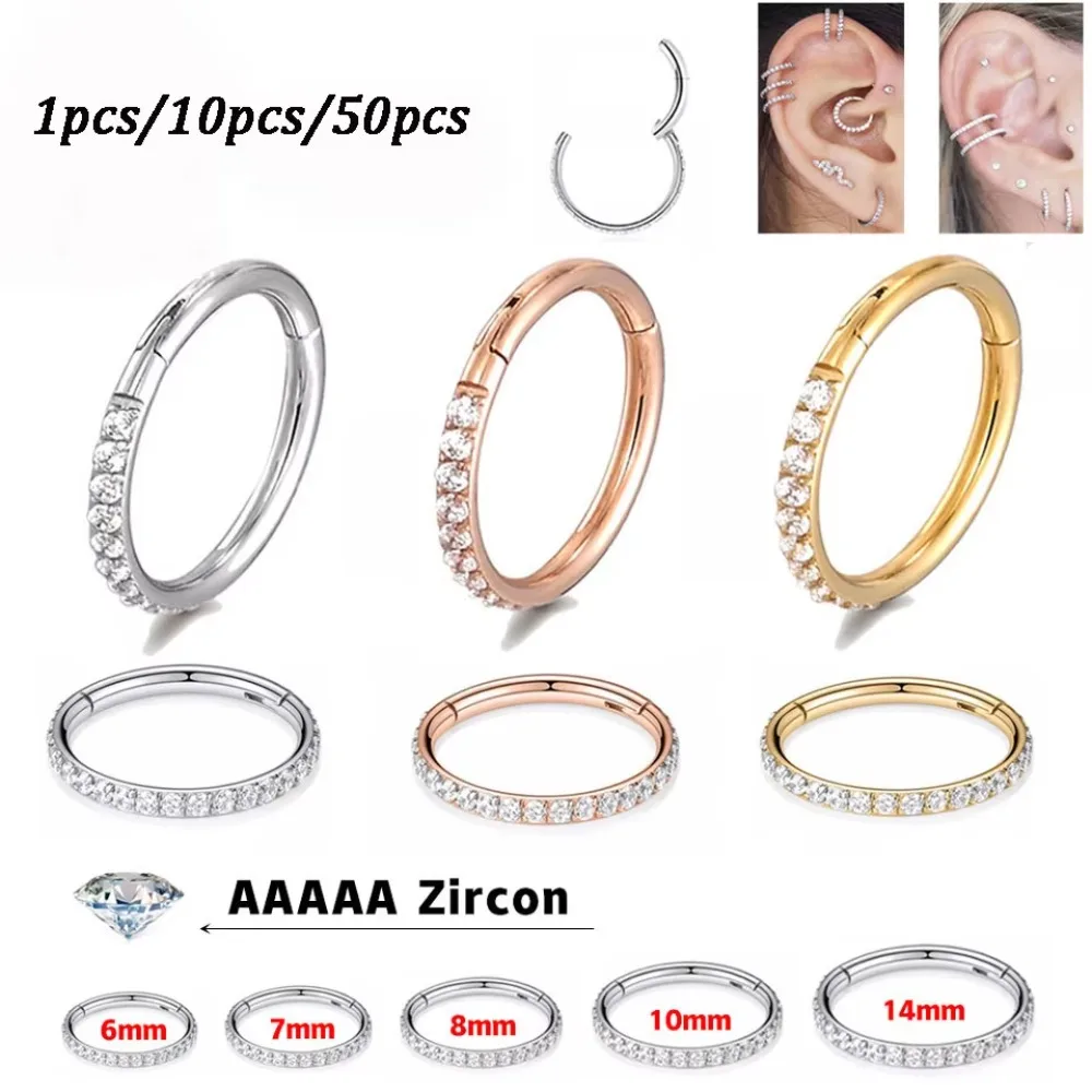 1/10/50PCS Stainless Steel Zircon Septum Clicker Hinged Segment Nose Piercing Ear Cartilage Helix Tragus Daith Nose Ring