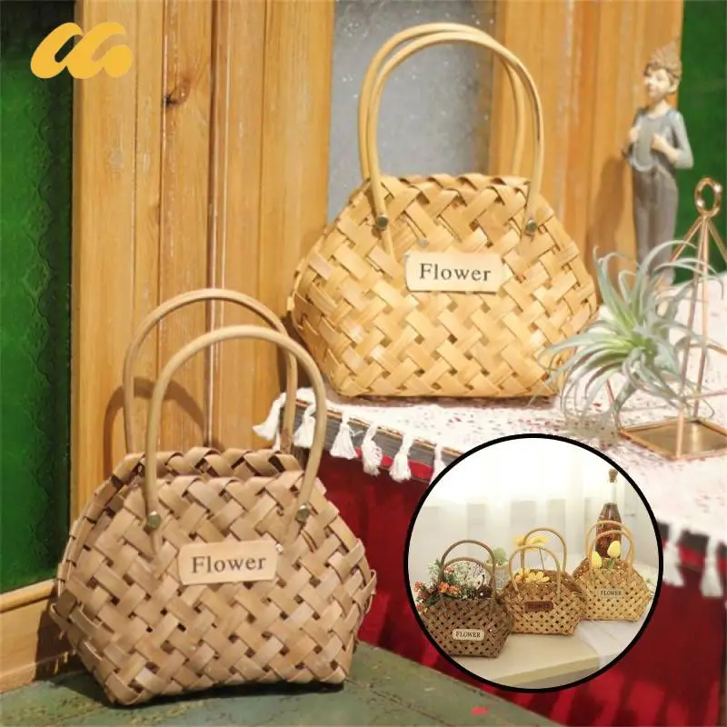 Hand Woven Mini Flower Basket Wooden Portable Wicker Basket Photography Props Gift Baskets Organizer Home Decor Picnic Basket