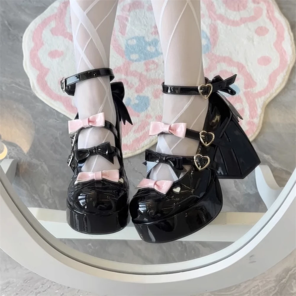 Lolita Shoes for Women Japanese Chunky High Heels Pumps Girls Bow Kawaii  Mary Jane Shoes Round Head Waterproof Summer