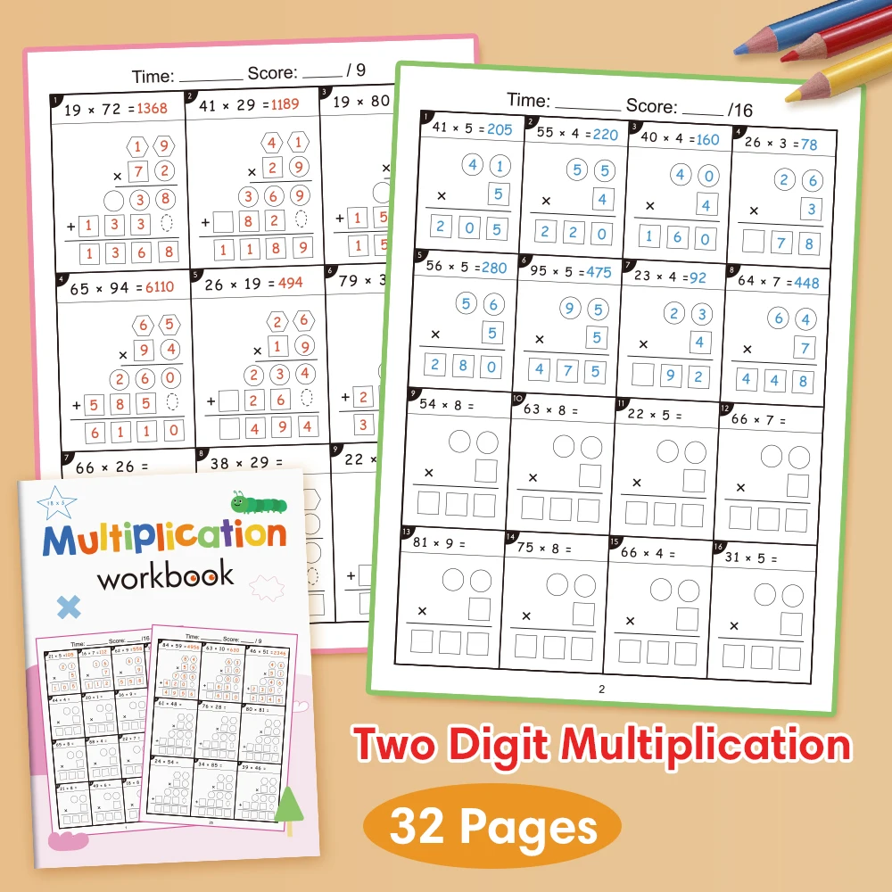 2 Digit Multiplication Math Workbook / Long Division Math Practice Worksheet Test Notebook Grades 3-6 Primary School Arithmetic