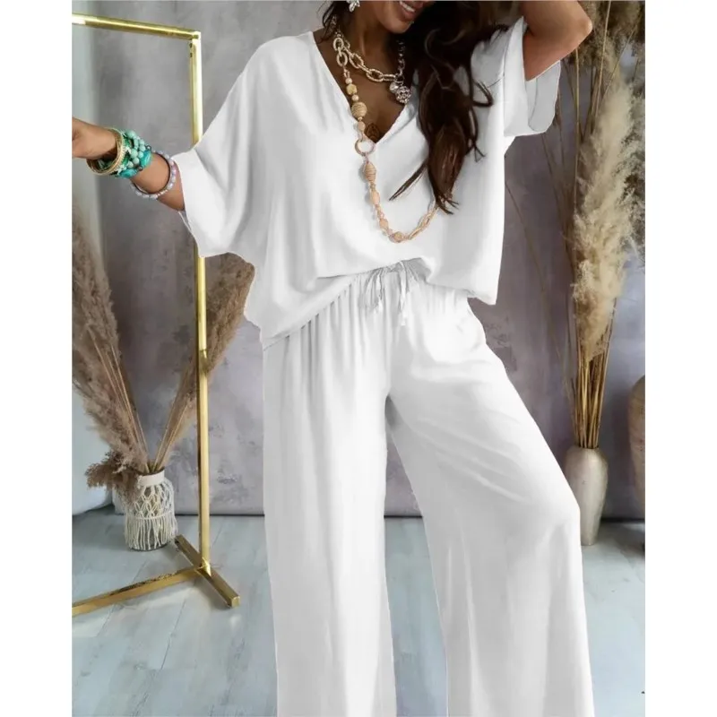 Loose Solid Color Shirt Wide Leg Pants Two-piece Set For Women 2024 Summer V-neck Bat Sleeve Top Lace Up Casual Pants Set