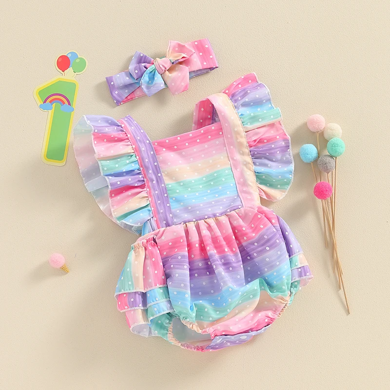 

Tregren Newborn Baby Girl Summer Jumpsuit Gradient Rainbow Stripe Romper Dress and Headband Set Cute Fashion Clothes Outfits