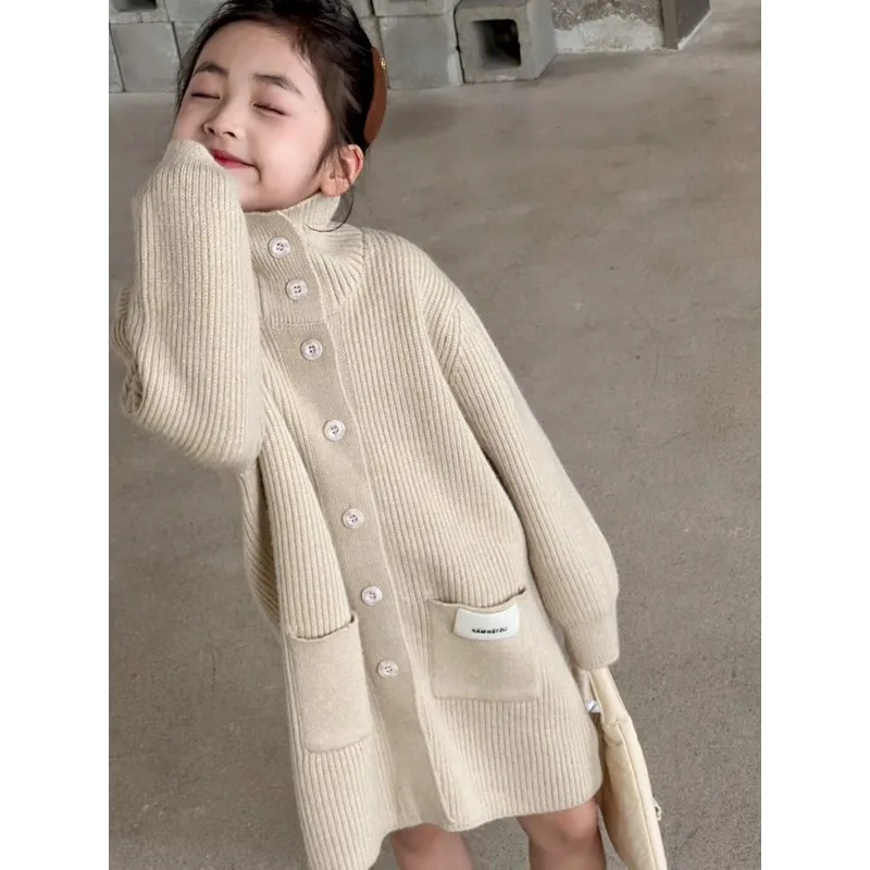 

Girls' Autumn and Winter New High Neck Cardigan Sweater, Children's Korean Version Loose, Medium To Long Fashion Knitted Jacket
