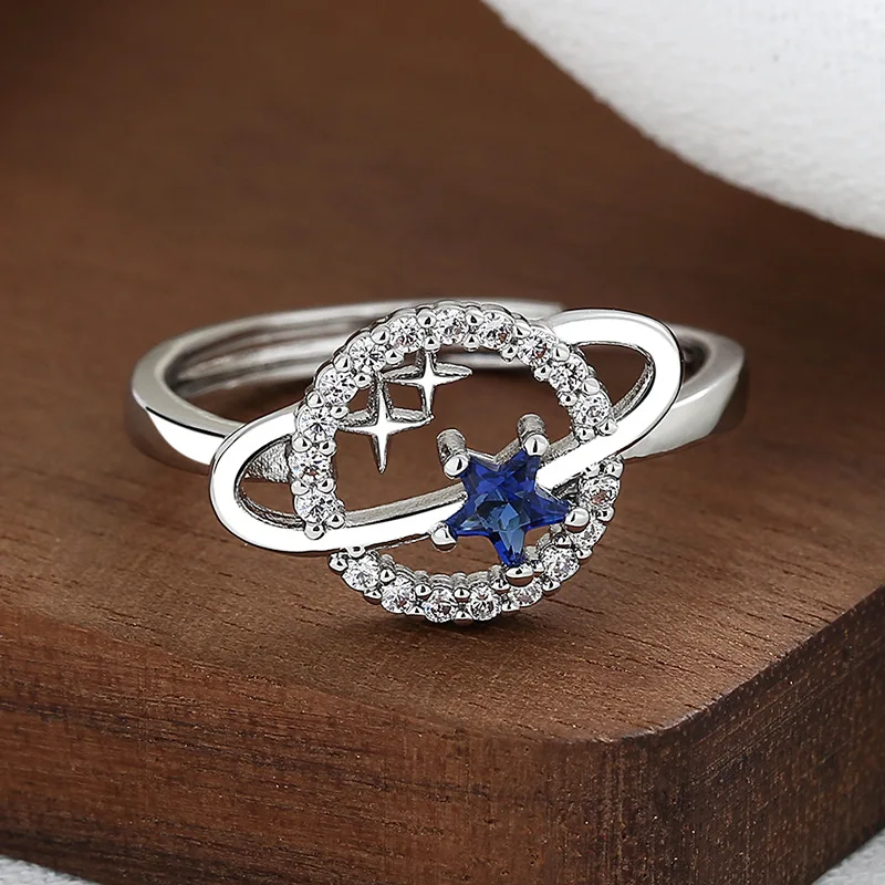 Huitan Planet Finger Ring for Women Fashionable Blue Stars Silver Color Rings Daily Wear Statement Accessories Creative Jewelry