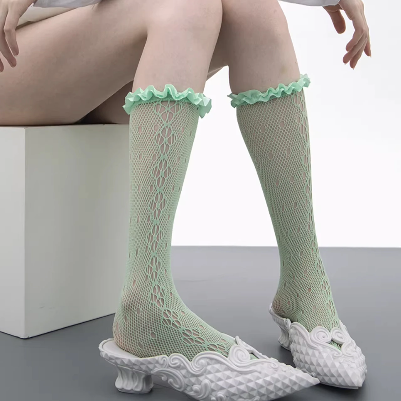Dopamine Colored Lace Hollow Fishing Net Socks Pile Calf Socks Summer Ultra-thin Mid Length Socks