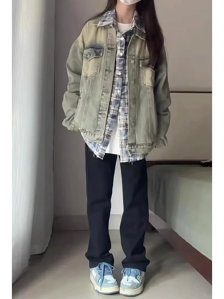 

Мужская джинсовая куртка American High Street из желтой окрашенной ткани, весенне-осенняя, свободного кроя, универсальная, для подростков