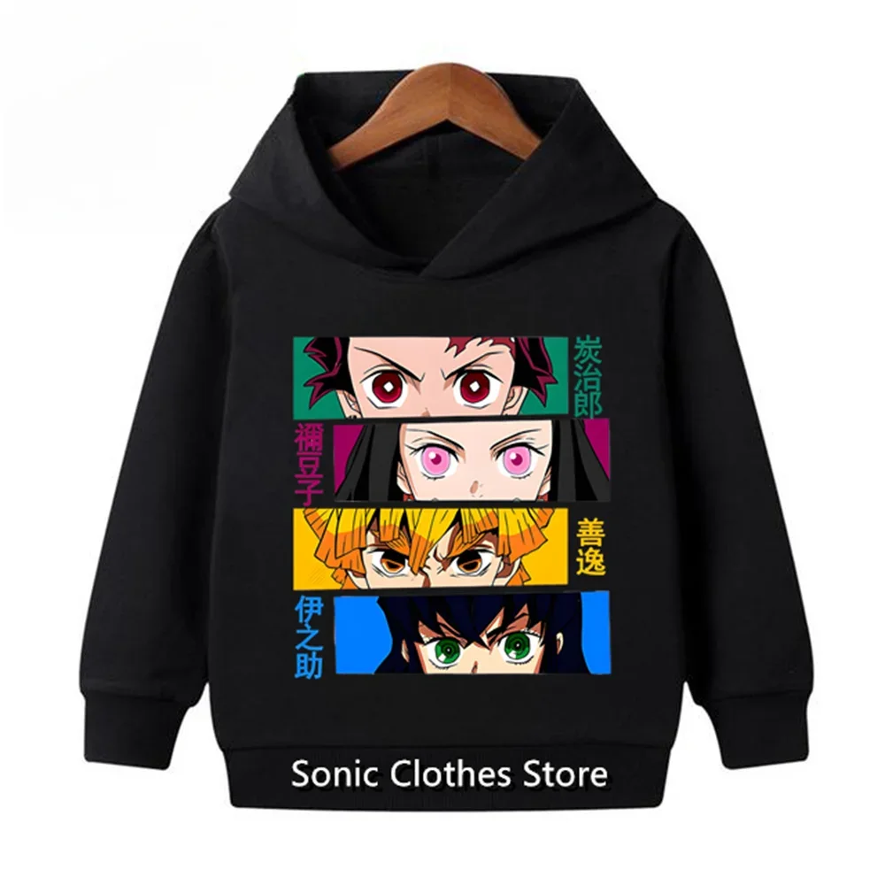 Anime Demon Slayer Children Hoodies Casual Girls Boys 3-12 Years Kids Black Coat Spring Autumn Fashion Sweatshirts Suit