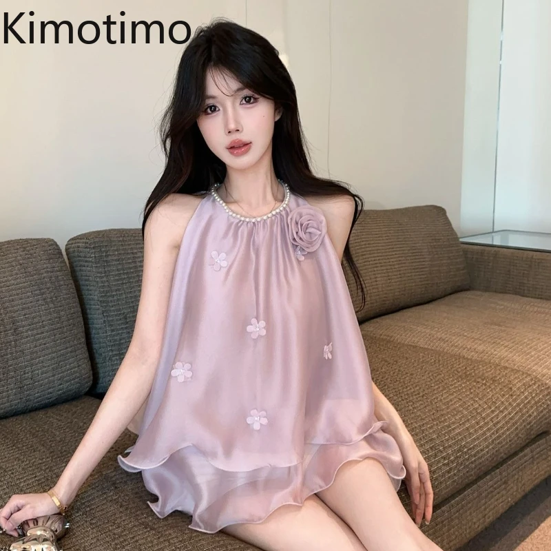 

Kimotimo Sweet Sweet 3D Flower Beading Halter Chiffon Blouse Women French Fairy Loose Sleeveless Y2k Tops Summer Versatile Shirt