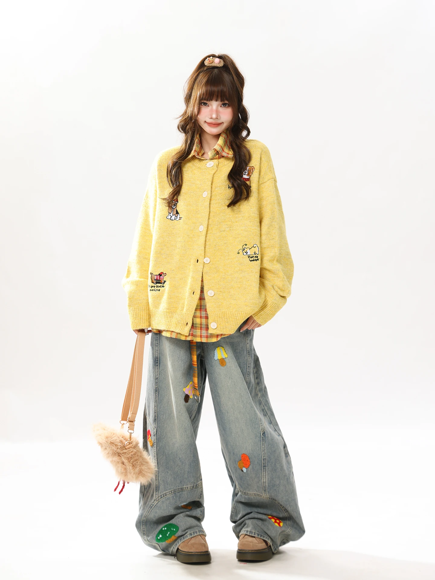 

Cute Dog Embroidery Korean Sle Loose Knitted Open Cardigan Women's Autumn New Vintage Sweater Jaet Warm Thermal Long Sve