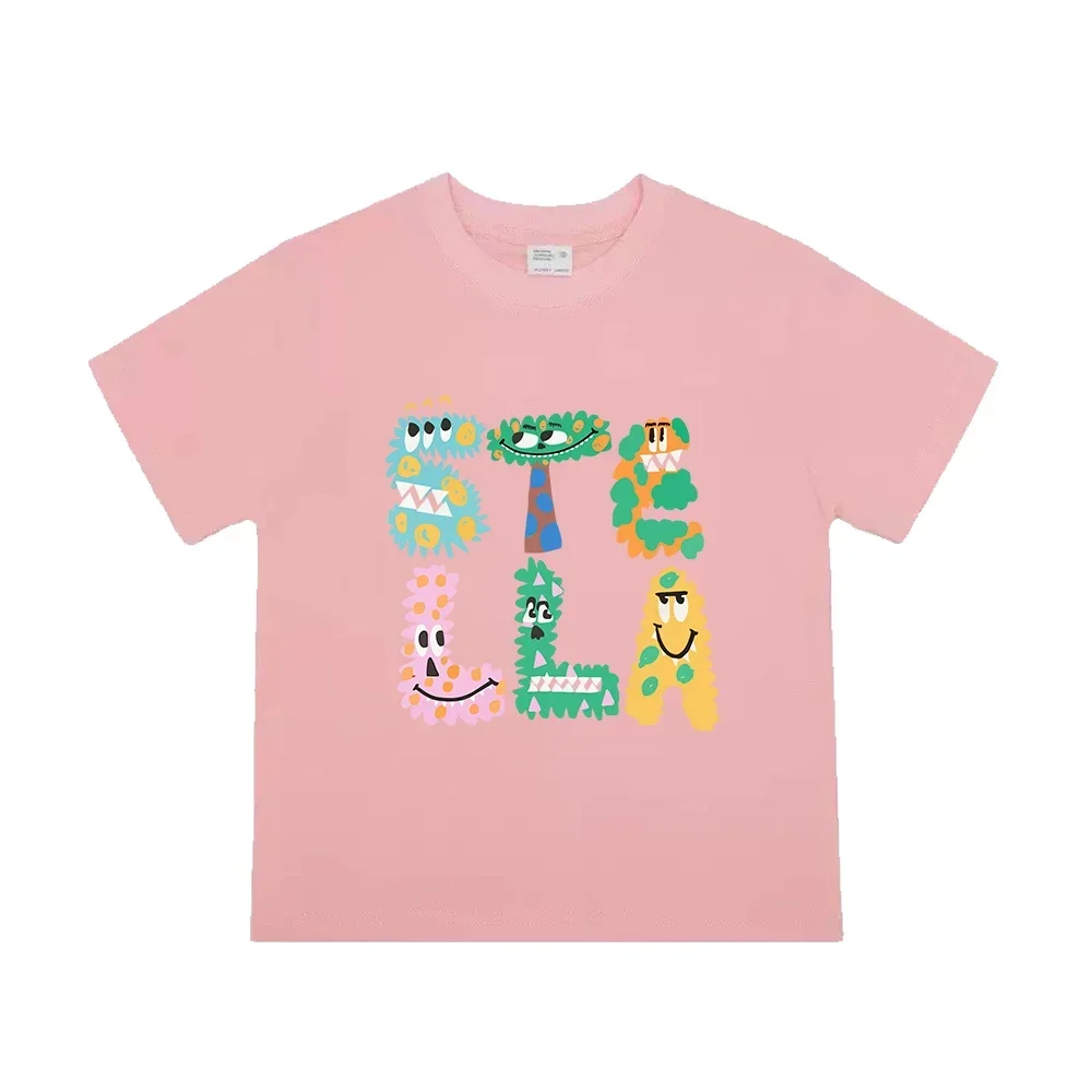 Unisex Crew Neck Short Sleeve T Shirt STELLA Vertical Multicolor Patchwork Letter Print Minimalist Fashion Casual Summer Tee Top