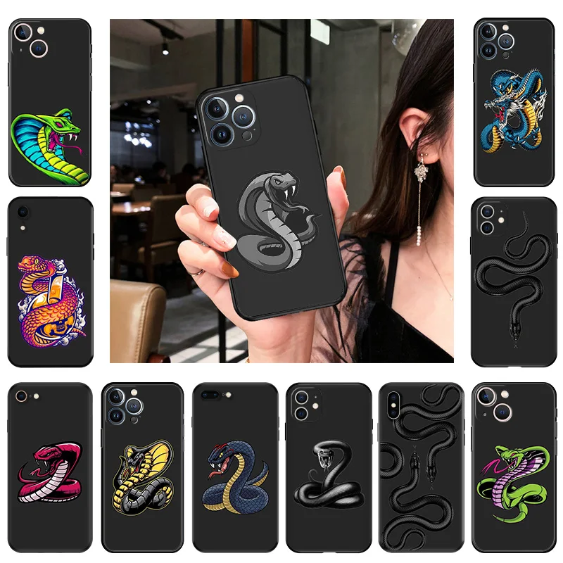 Phone Case For iphone 16Plus XR XSMax 15 14 13 12 11 16 Pro Max Mini 7 8 15Pro Snake Cobra Python Black Soft Protective Cover