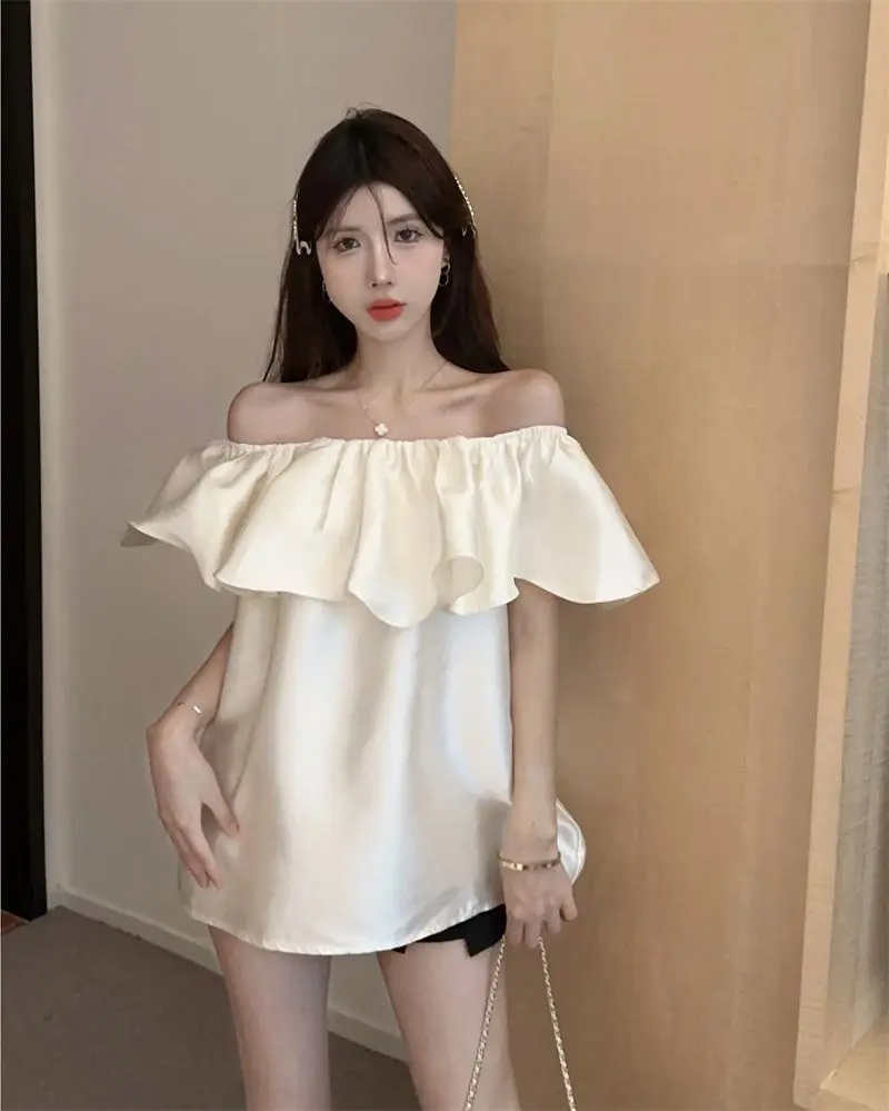 Puro estilo hong kong solto de uma letra gola de folha de lótus camisa de cetim temperamento high-end versátil quente menina topo