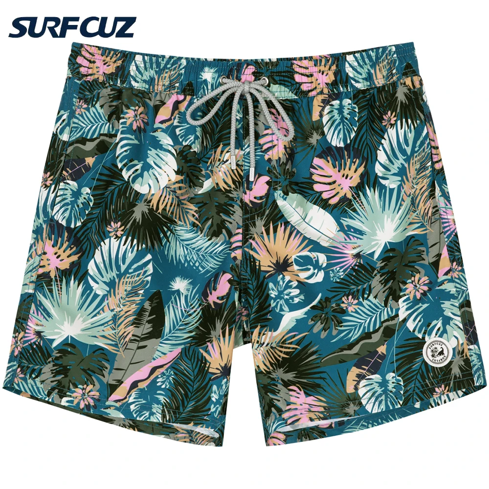 SURFCUZ Mens Swim Shorts with Mesh Lining Hawaiian Style Mens Beach Shorts Quick Dry Swimwear Board Shorts Swim Trunks for Men