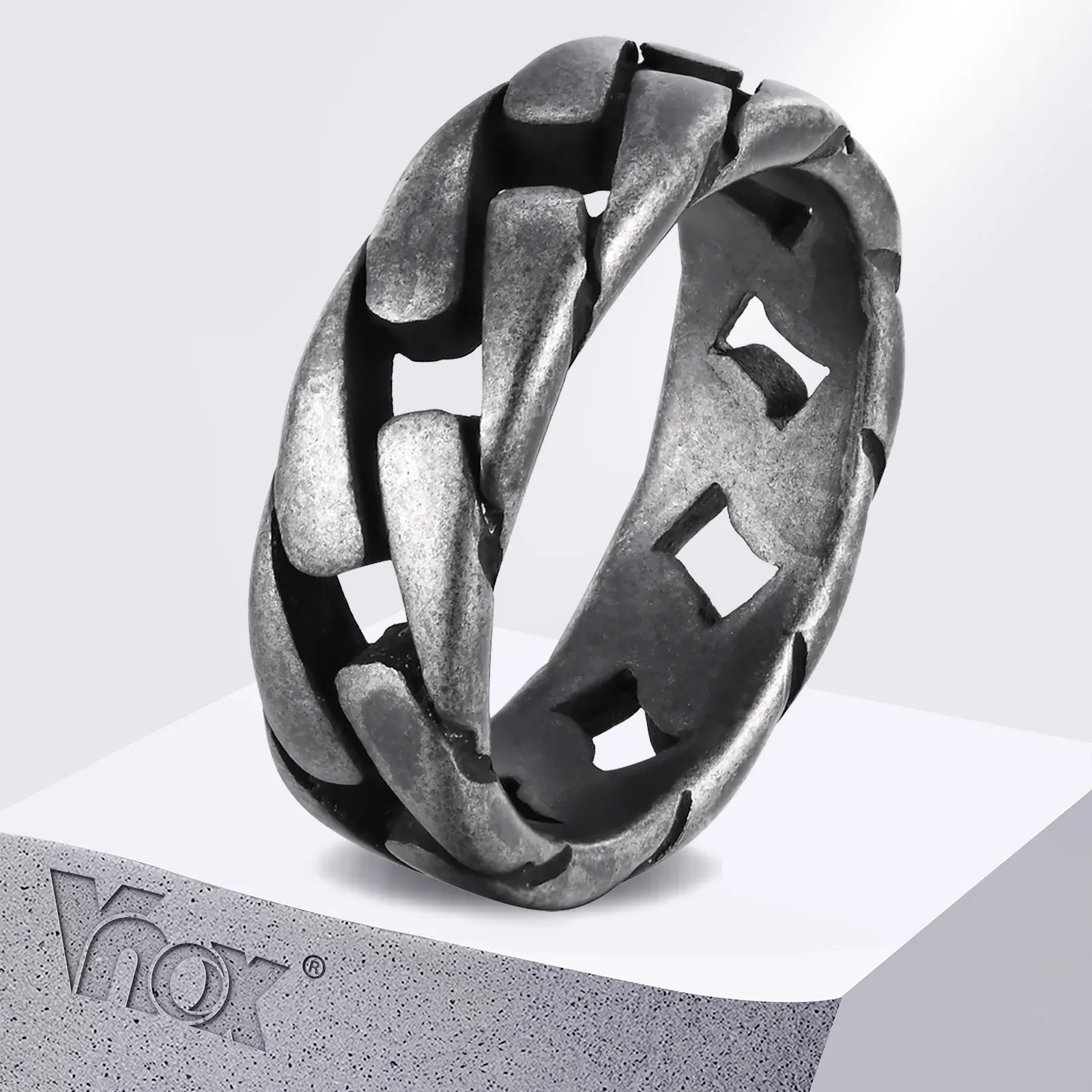 Vnox Men Vintage Oxidized Stainless Steel Rings, Links Shaped Finger Band, Punk Rock Male Alliance