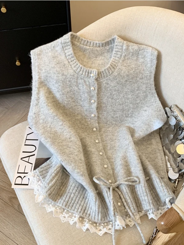 Stylish Knitted Lace Vest Women's Fashionable Outerwear Sleeveless Tank Top Commute Style round Neck Single Button Pure Color
