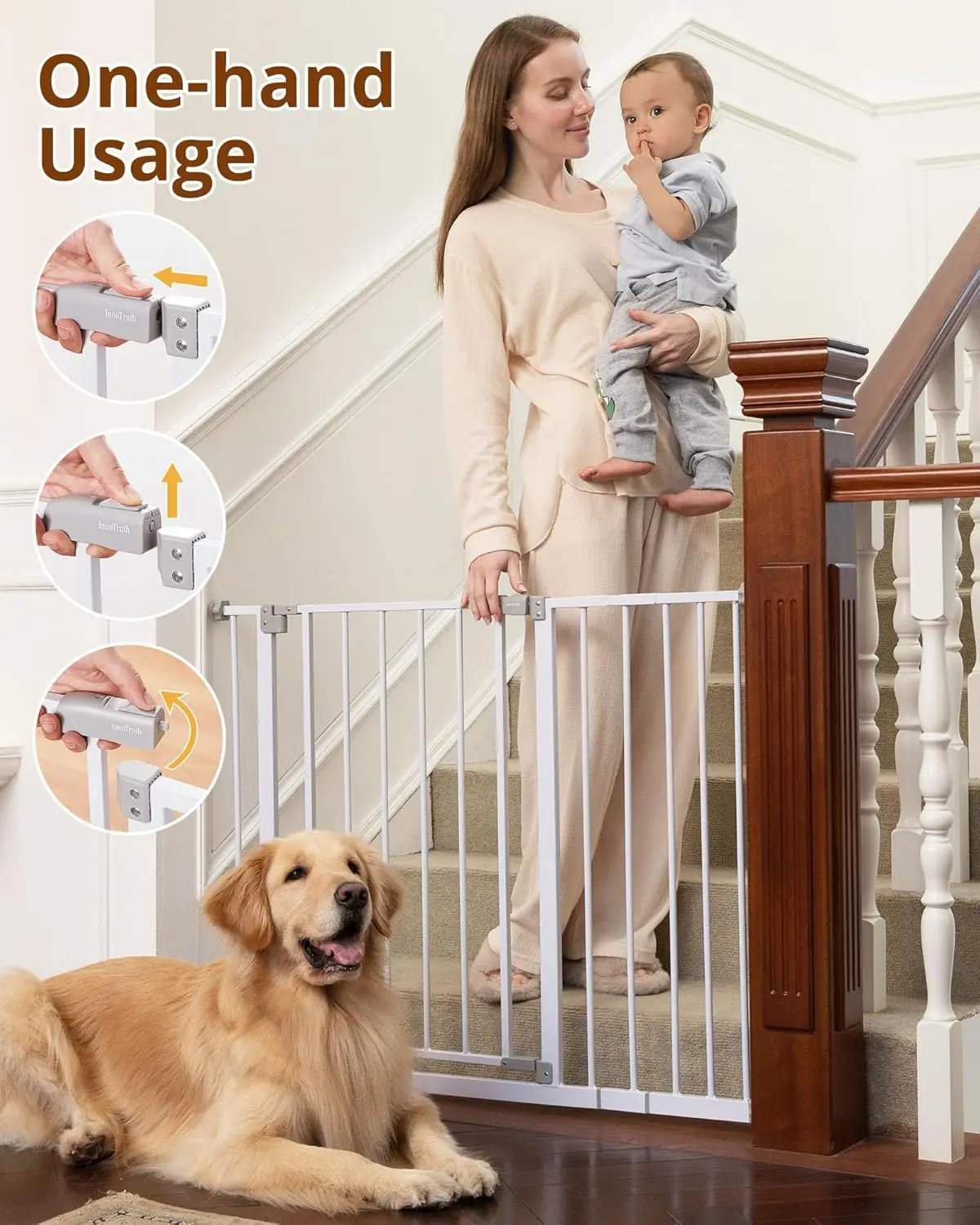 

Wide Baby Gate for Stairs & Doorways, 30" Tall Pressure Mounted Dog Gates for Stairs Expandable One-Hand Open, Easy Step Walk