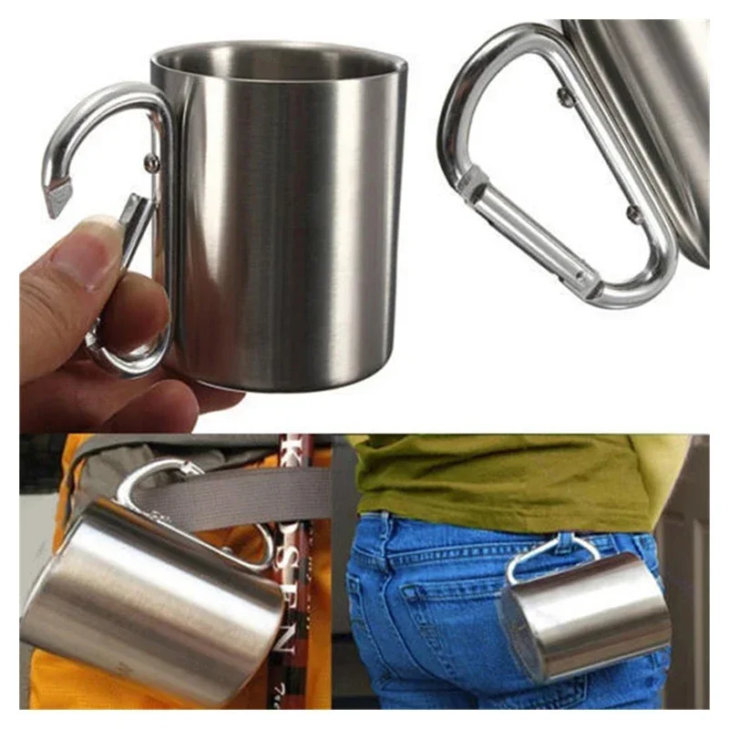 220ml Stainless Steel Cup for Camping Traveling Outdoor Cup with Handle Carabiner Climbing Backpacking Hiking Portable Cups