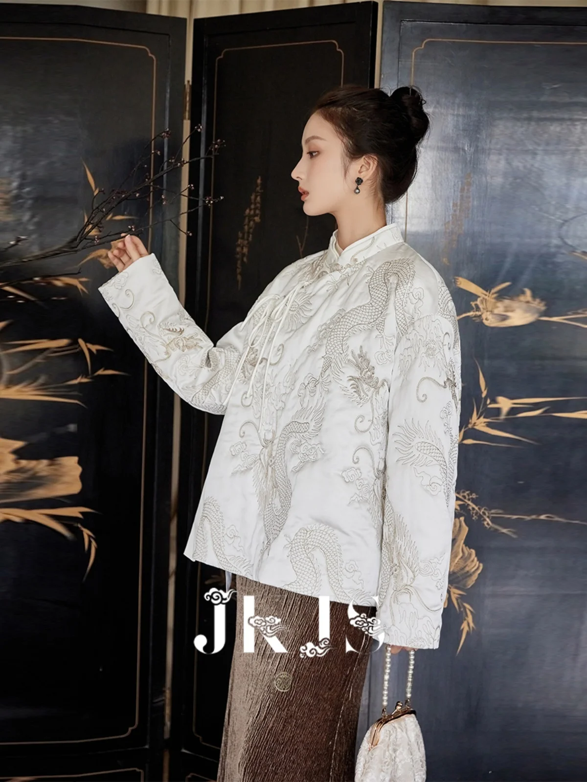 

Faionable Thi Cotton Jaet Women's Winter Coat New Chinese Sle Folk Art Polyester Fabric Long Sve Stand Collar Coat