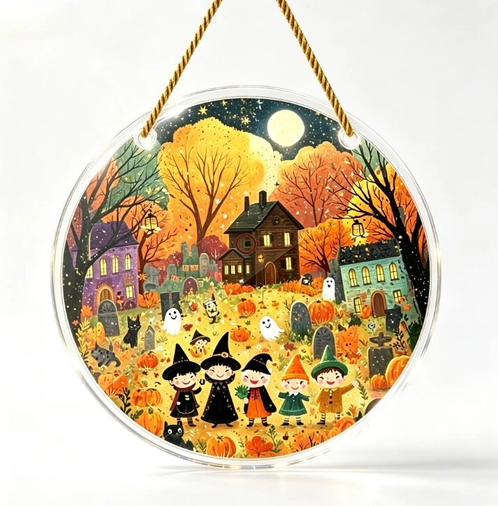 Halloween Round Acrylic Hanging Sign Cute Trick‑or‑Treat Kids Ghost Haunted House Graveyard Fall Wall Door Decor Gift