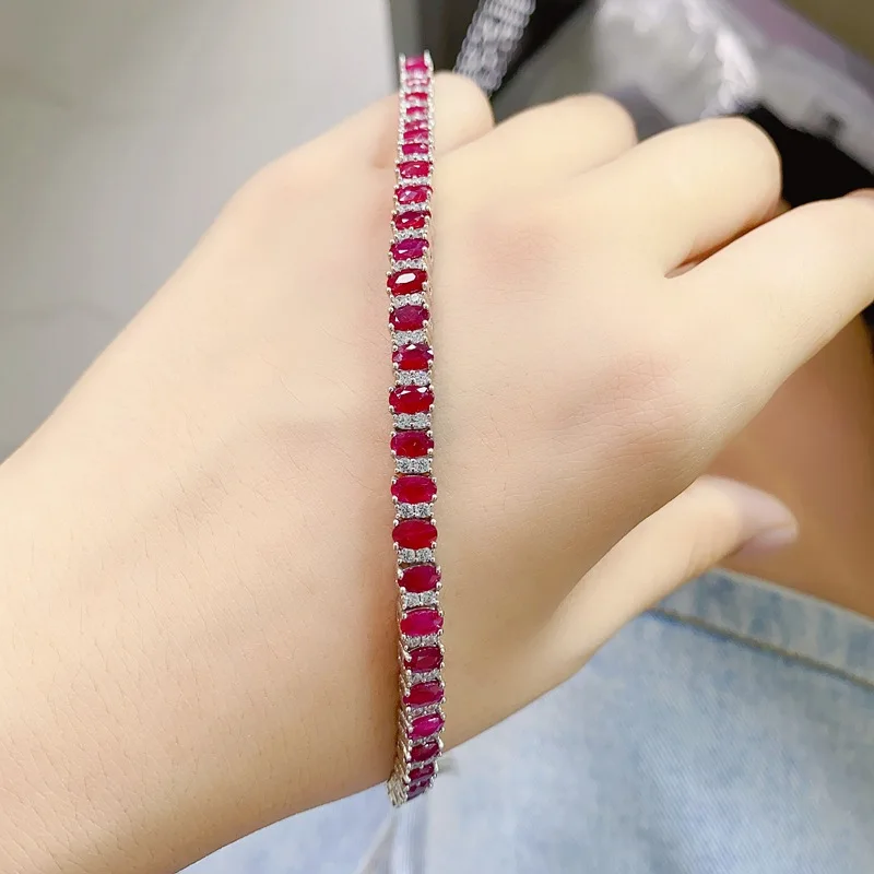925 Silver Full-Set Natural Ruby Bracelet, AAA Gemstone Chain with Certification, Luxury Red Jewelry for Women
