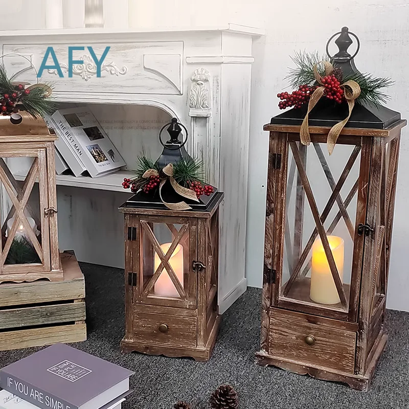 European Style Wooden Metal Lantern for Festive Decoration Ornamental Floor Ceiling Light for Electronic Candles Home Decor