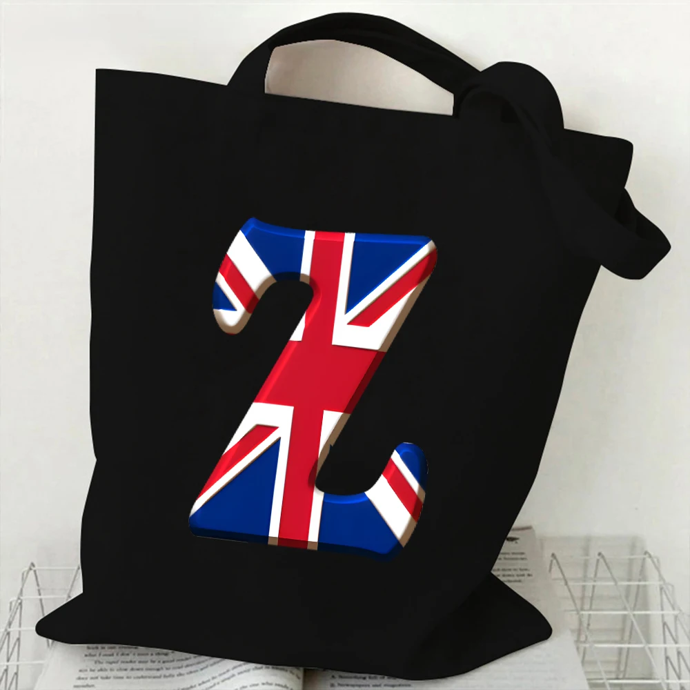 A-Z 26 Letter Canvas Tote Bag for Women Handbag UK Flag Graphic Y2K Aesthetics Reusable Tote Bag Female Shoulder Shopping Bag