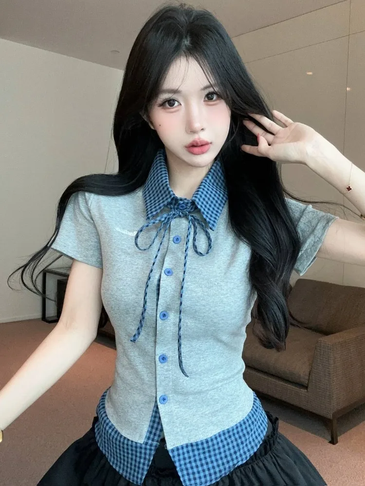 

Korean Style Embroidered Neck Short Sleeve T-Shirt Women's Summer Versatile Short Length Top Patchwork Design Casual Cit...