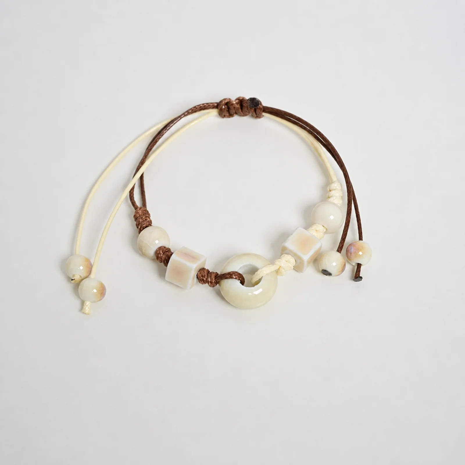 Handmade White Ceramic Abacus Bead Bracelet with Hand-Braided Wax Cord Adjustable Fit Ceramic Jewelry 608P2-08