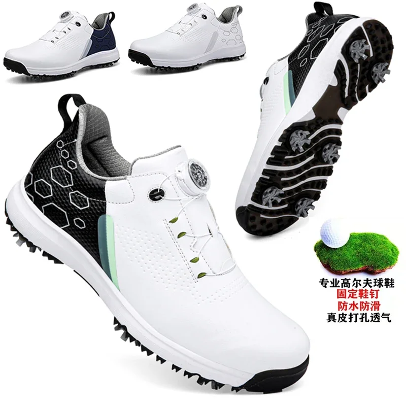 

Men Professional Golf Shoes Waterproof Spikes Golf Sneakers Black White Gol Trainers Big Size Golf Quick Lacing Shoes