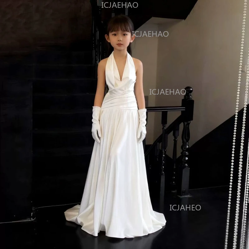 Children Girls White Model Performance Long Simple  Gown Pageant Party Formal Outfit Dresses Costume Host Piano Violin Evening