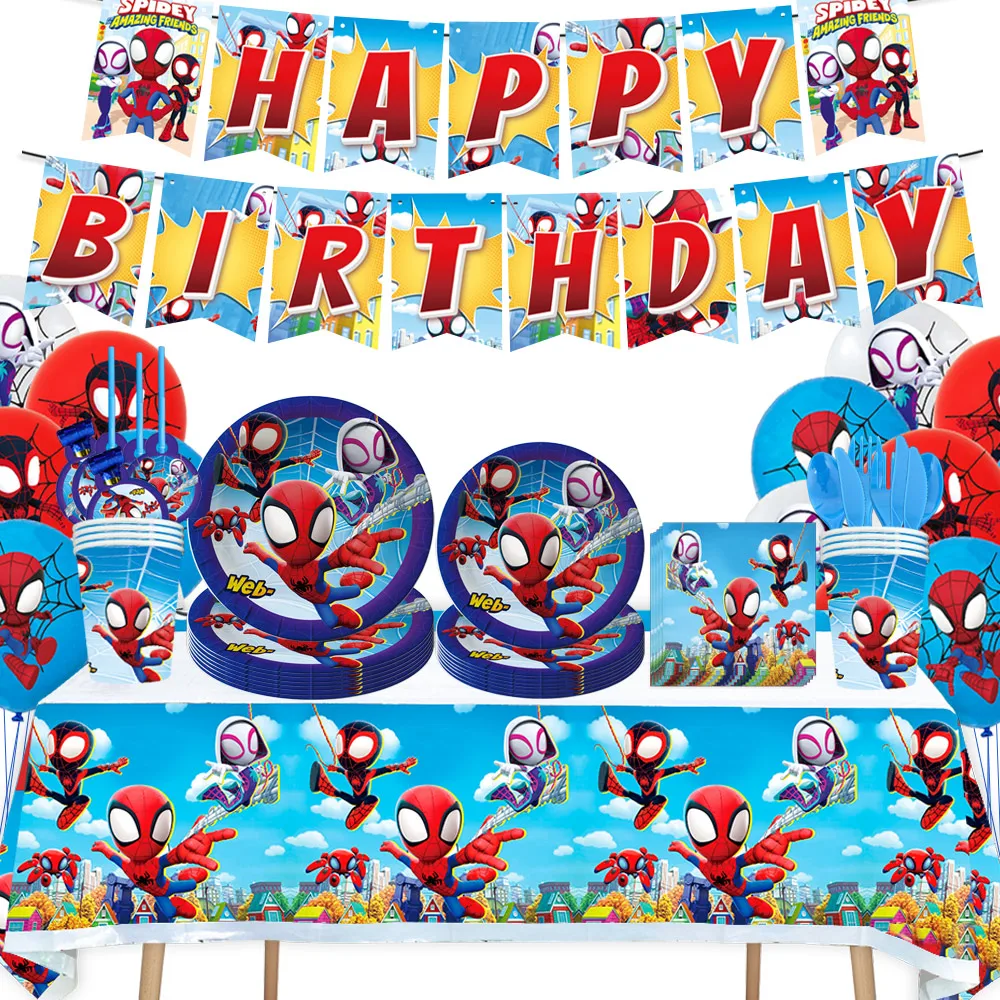 Spidey And His Amazing Friends Party Decorations Spider SpiderMan Theme Tableware Set Plate Banner for Kids Baby Shower Supplies