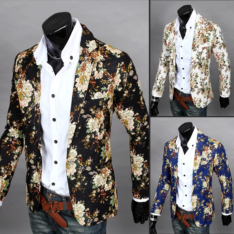 New Male Retro Vintage Casual Blazer Beauty Print Design Mens Fashion Suit Jacket Singer Costume fashion nightclub dance Coat