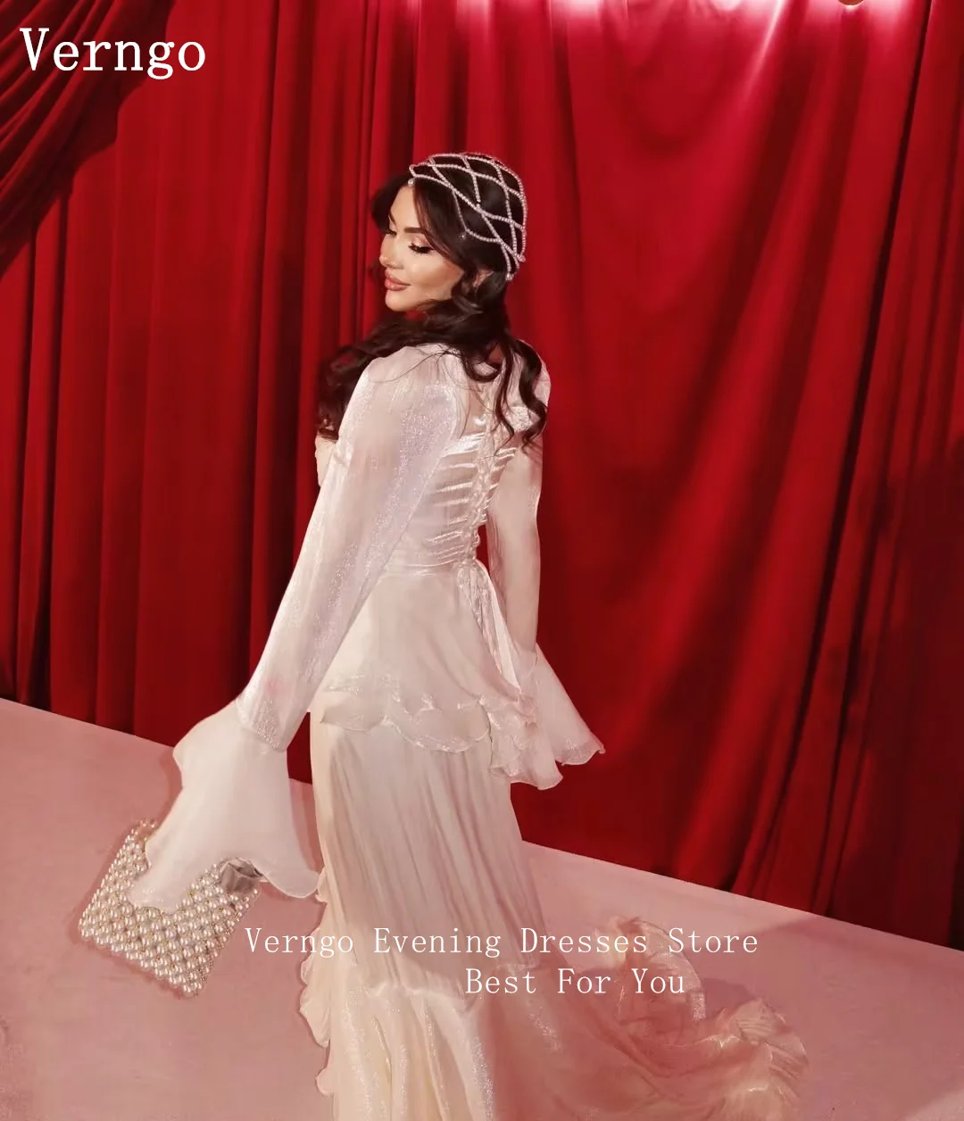 Sukienka wieczorowa Verngo Chamagne, błyszczący szyfon, dekolt w serek, długie rękawy, krój A, warstwowa, na formalne okazje, sznurowana, suknia balowa, możliwość personalizacji.