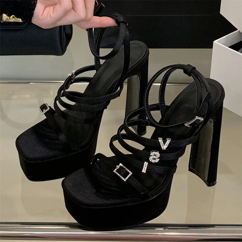 

Eilyken New Design Narrow Band Buckle Strap Women Sandals Summer Platform Square Toe High Heels Banquet Party Shoes