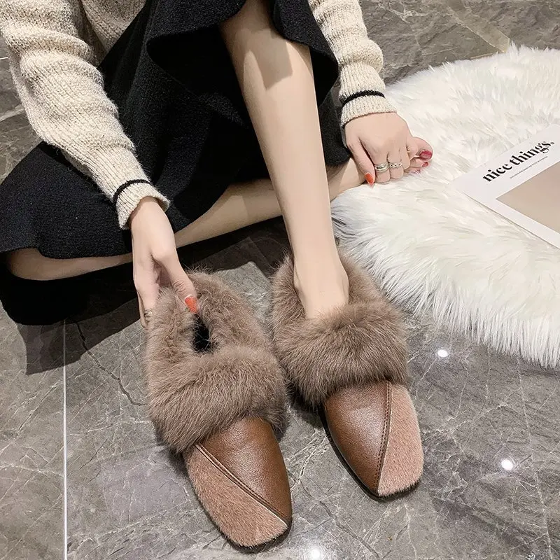 Winter Patchwork square toe fur shoes women fluffy plush flats add cashmere moccasins retro warm rabbit fur loafers woman 2021