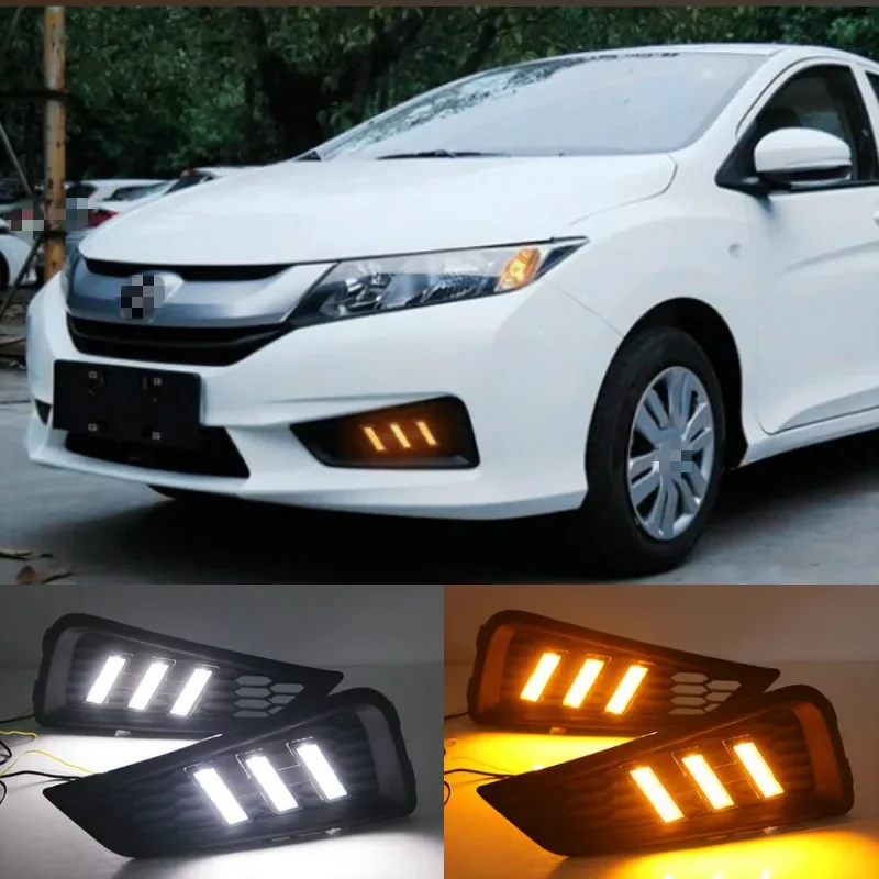 LED daytime Running Lights for Honda City 2015 2016 fog lamp cover drl with yellow turn signal light car styling