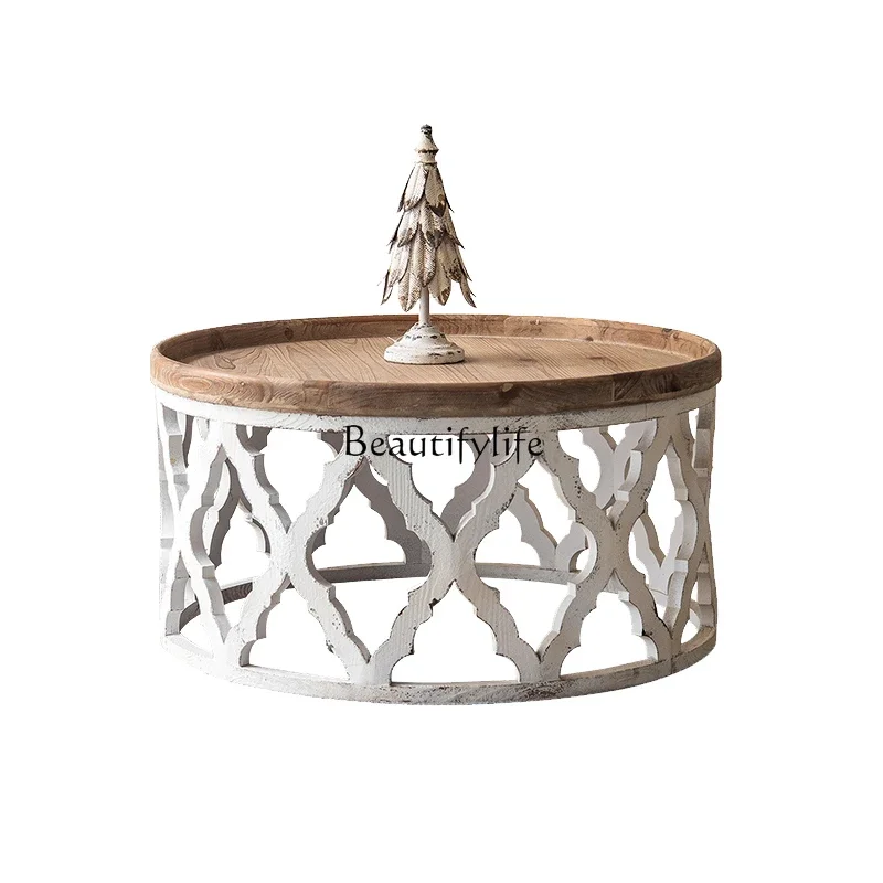 

FG52American retro round small coffee table wabi-sabi wind solid wood old corner balcony small round table