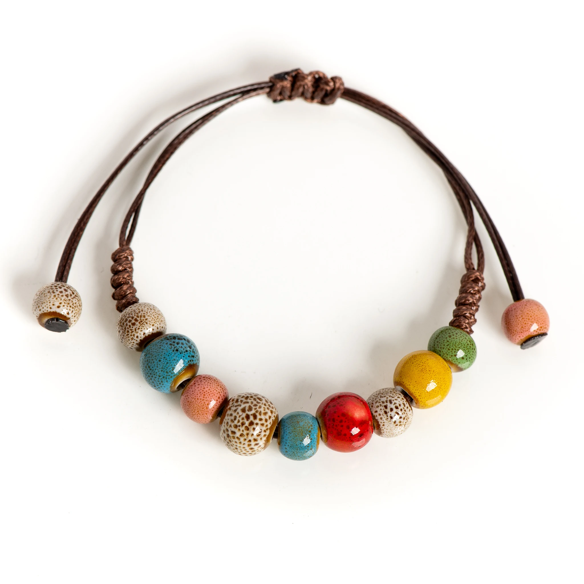 Bohemian Ceramic Bead Bracelet with Adjustable Cord 15-25cm for All Wrist Sizes