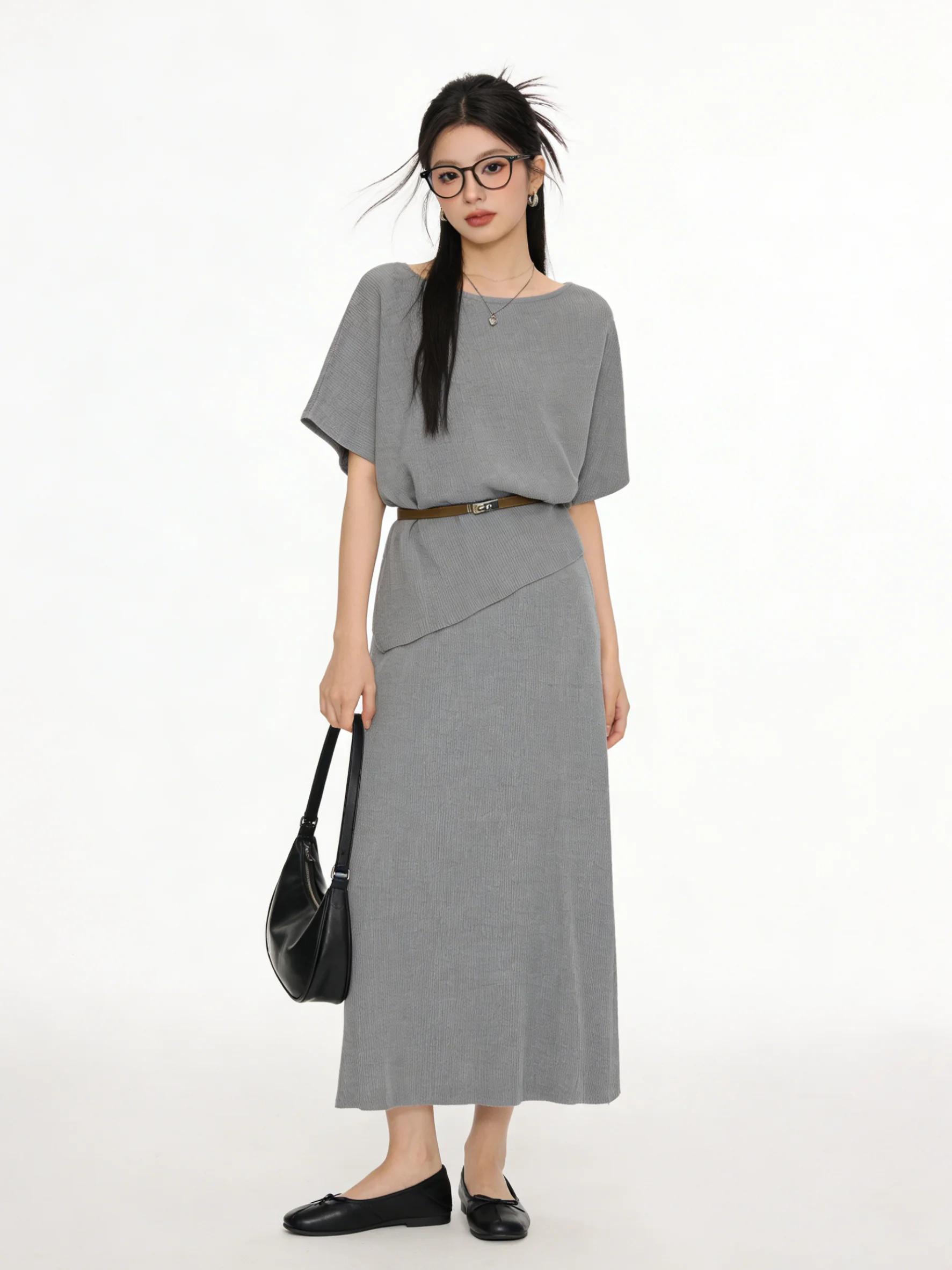 

Korean Style Batwing Sleeve Knitted Short Sleeve Top And Skirt Set Slimming Two-Piece Summer Drapey Half Skirt Fashion Set