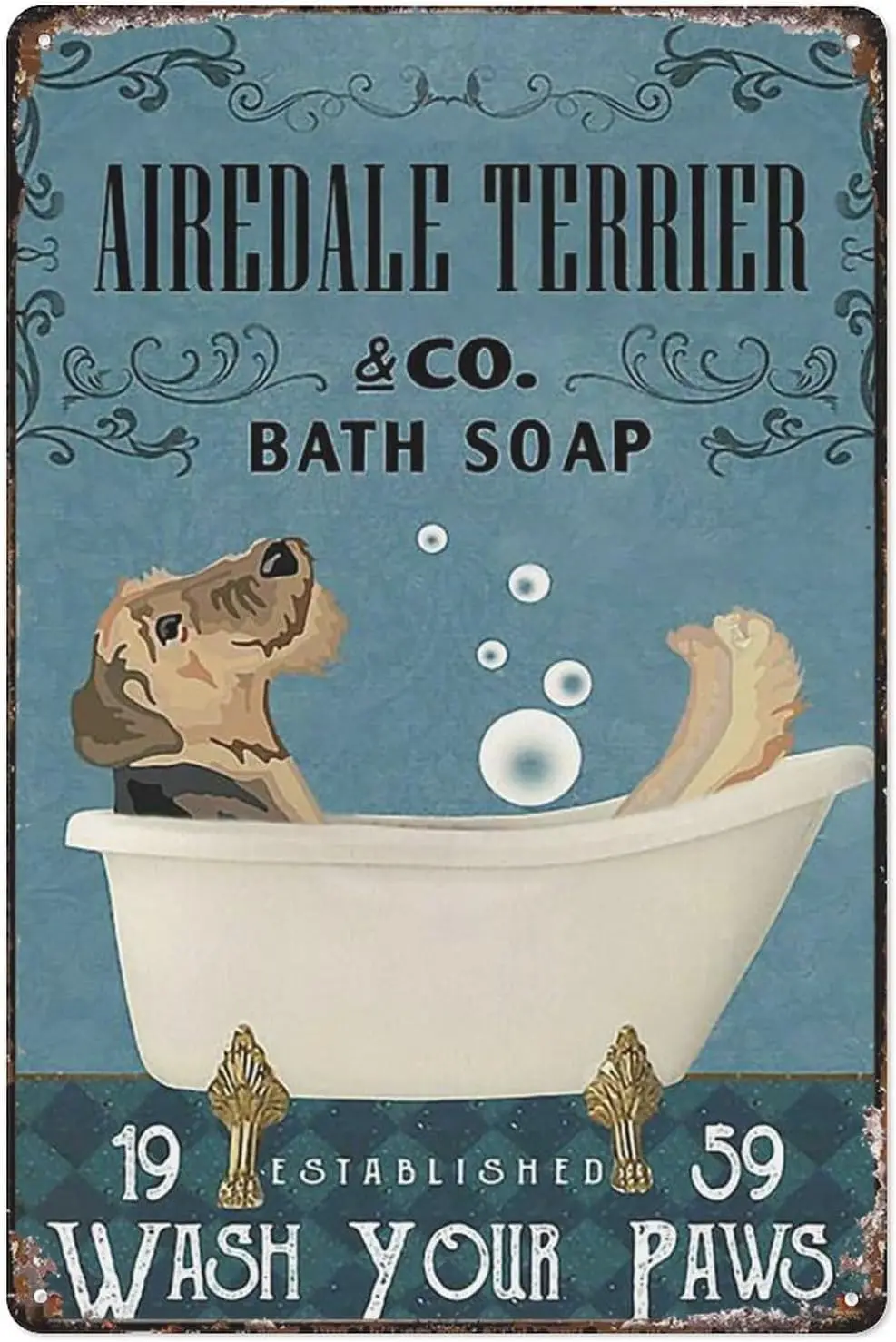 Vintage Tin Sign Airedale Terrier Bath Soap Wash Your Paws Poster Bathroom Wall Decoration Cave Bar Kitchen Home Decoration Sign