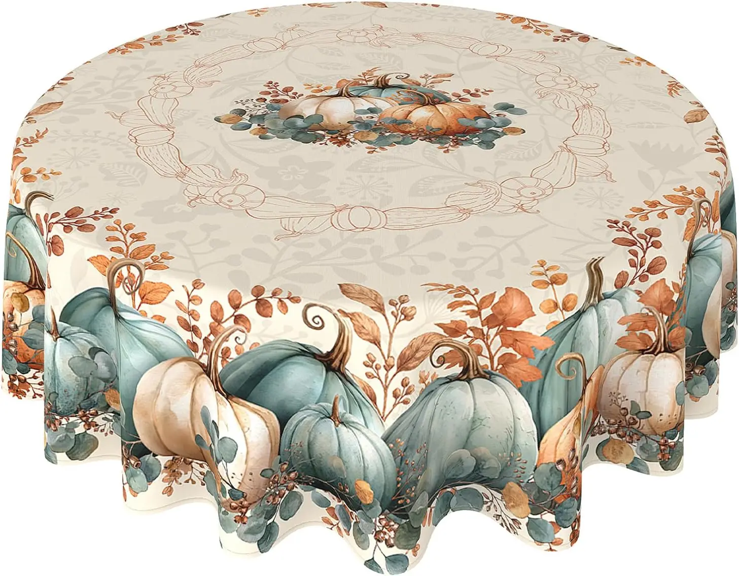 Fall Round Tablecloth 60 Inch, Stain Resistant Washable Fabric Autumn Pumpkin Table Cloth Round Fall Tablecloth Table Cover