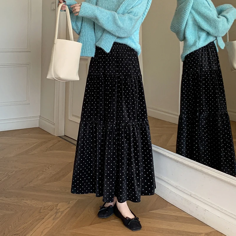 프렌치 스웨이드 프린트 도트 스커트 여성 빈티지 엘라스틱 웨이스트 A라인 스커트 여성 가을 겨울 2025 스트리트웨어 팔다스 신상