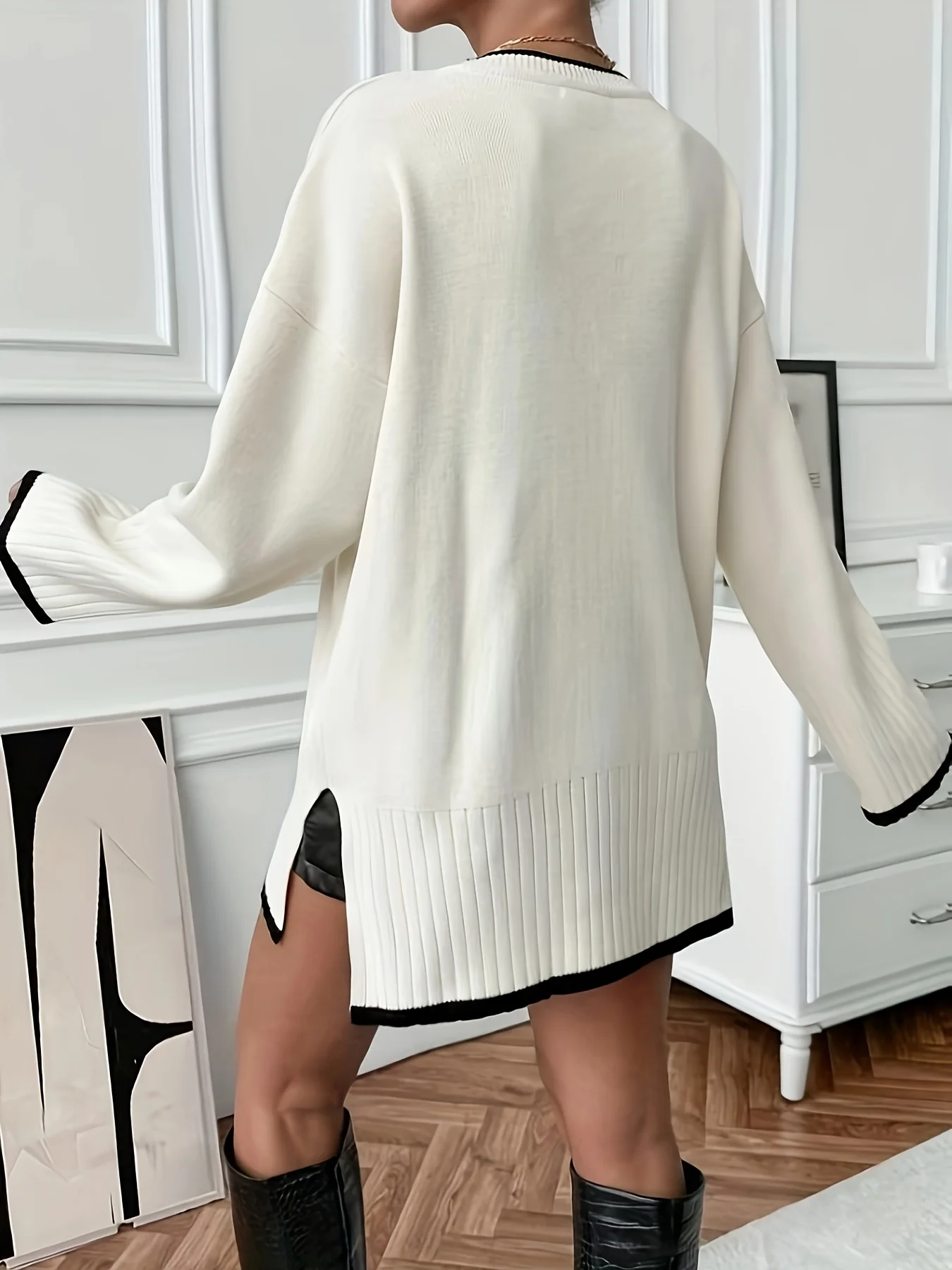 Plus Size Loose O-Neck Sweater Dress Side Slit Contrast Trim Midi Knit Pullover Women Autumn Winter