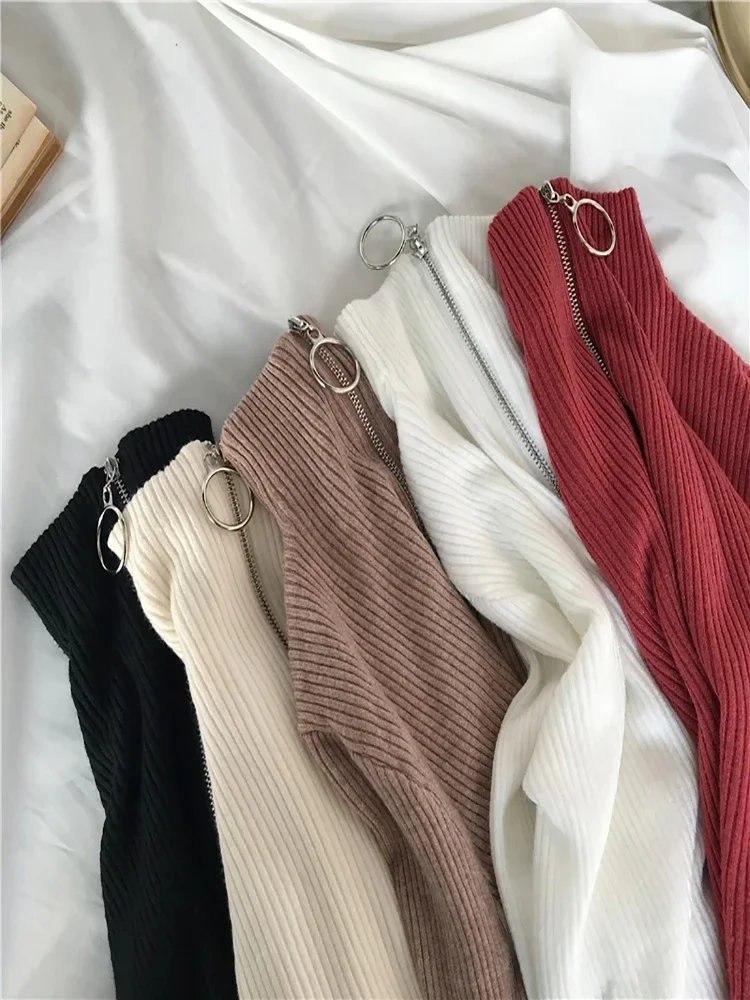 

2025 Autumn Winter Basic Women Sweaters Korea Knitted Women Zipper High Neck Sweater Pullovers Turtleneck Slim Fit Pull Femme