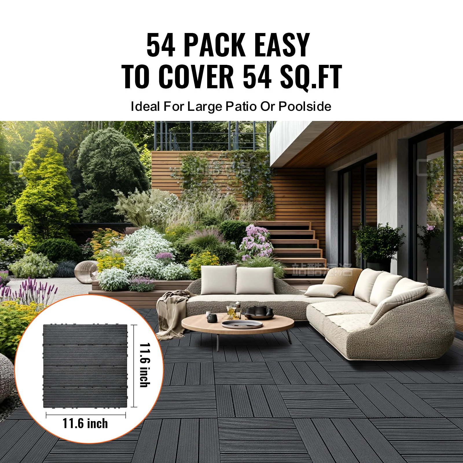 SucceBuy Interlocking Deck Tiles Plastic Waterproof Outdoor Flooring All Weather Use Patio Floor for Porch Poolside Dark Grey