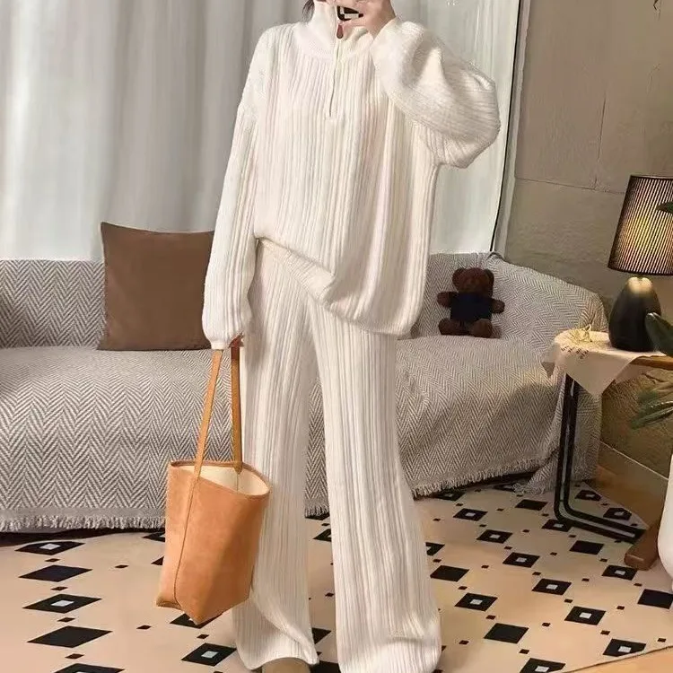 

Осень-зима, женский вязаный свитер, топ с высокой талией, свободные повседневные брюки, комплект из двух предметов, модный универсальный ансамбль для ленивых