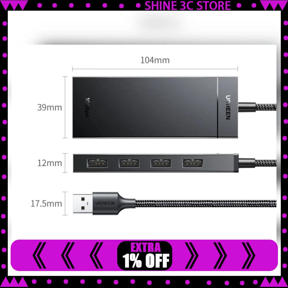 UGREEN 35884 USB 3.2 Gen 2 4-Port USB-A Hub 10Gbps Data Splitter 1m Cable with USB-C Power Input