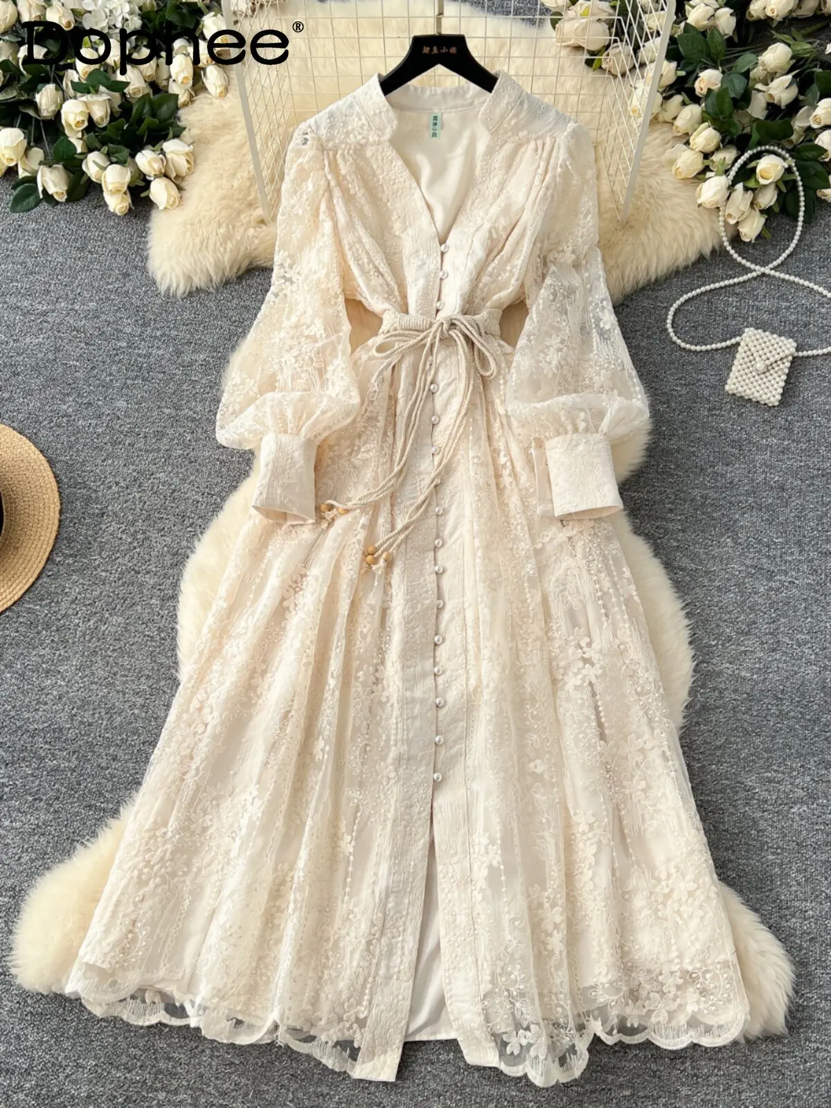 

French-style High-end Women's Dress 2026 Spring Waist-cinching Embroidered V-neck Lantern Sleeves Single-breasted Long Dress