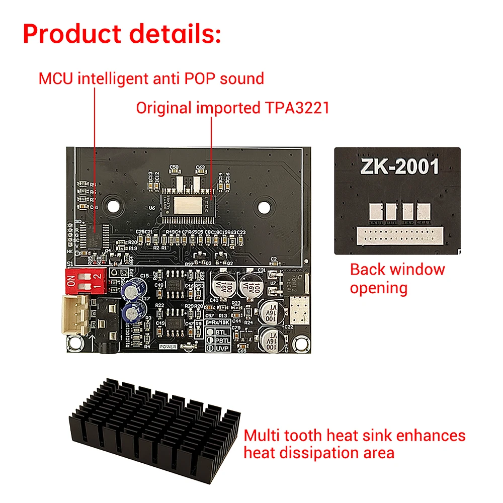 TPA3221 Zweikanal-Reinverstärkerplatine 100W+100W Brücken-Mono 200W Ausgang DC 10-30V ZK-2001 für Audioverstärkung – Detail 4