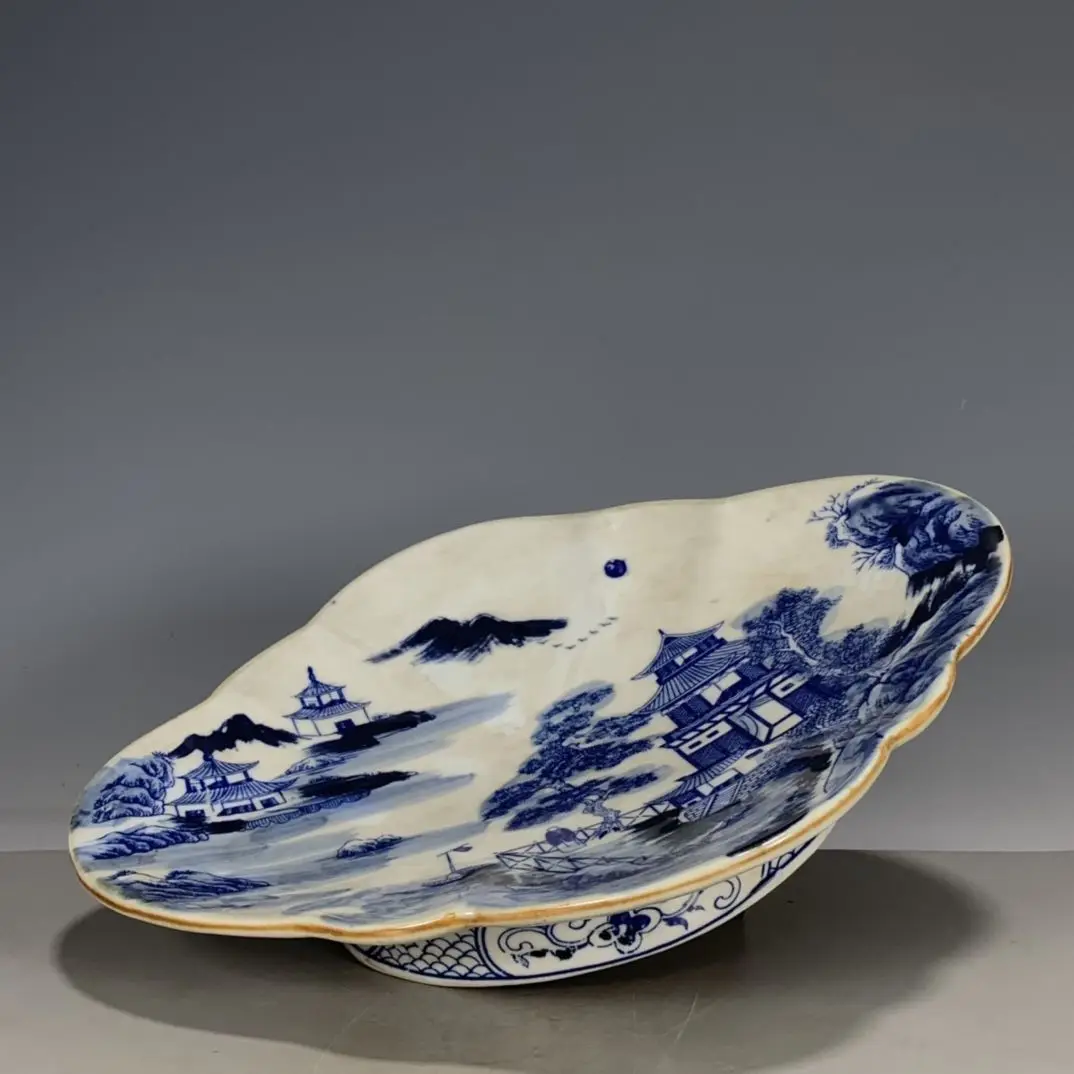 Blue and White Porcelain Plate with Landscape Motifs, Marked 